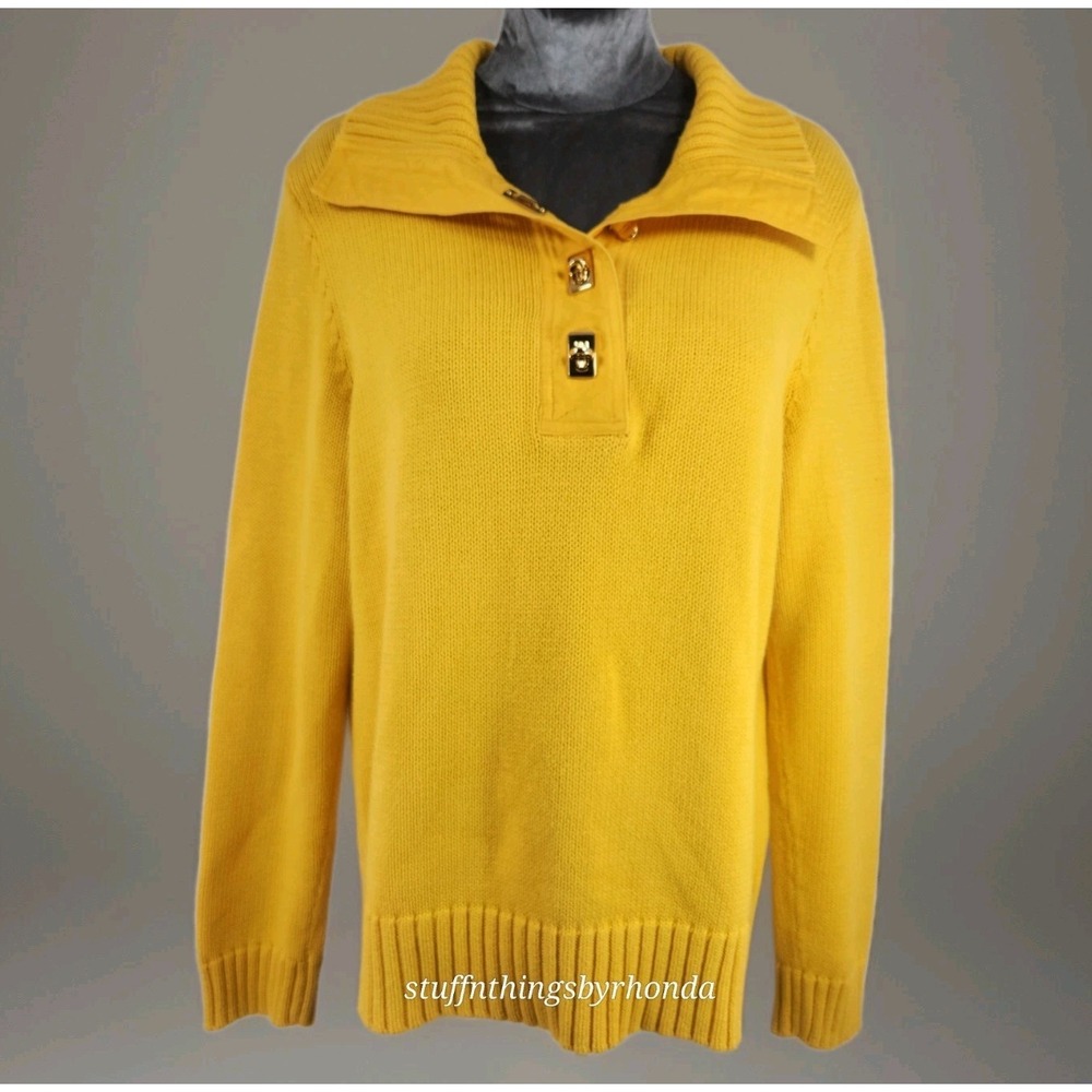 Lauren Ralph Lauren Collared Yellow Knit Sweater with Gold Clasp Closure - Large